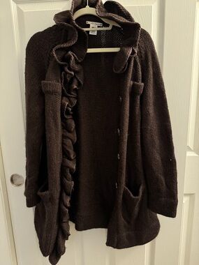 Nanette Lepore Dark Brown Ruffle-Trim Knit Cardigan